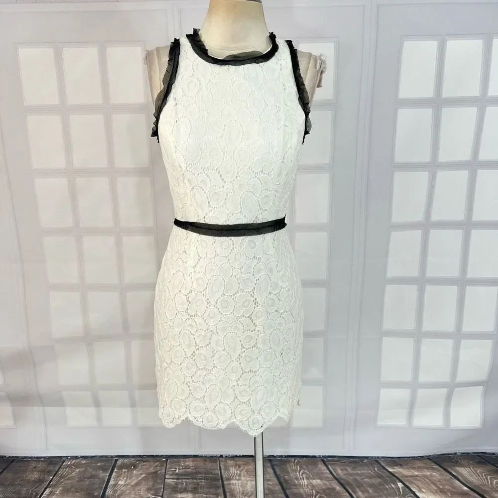 Milly Women's White Lace Sleeveless Black Frill Trim Sheath Mini Dress Size 6